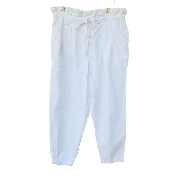 Free People Barrel Crop Pants White Sz L Button Fly Paperbag Waist - Picture 2 of 11